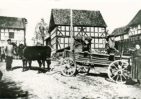 (Stadt-)Allendorfer Kleinbauernfamilie mit einem Fuhrwerk, Anfang 1930er Jahre