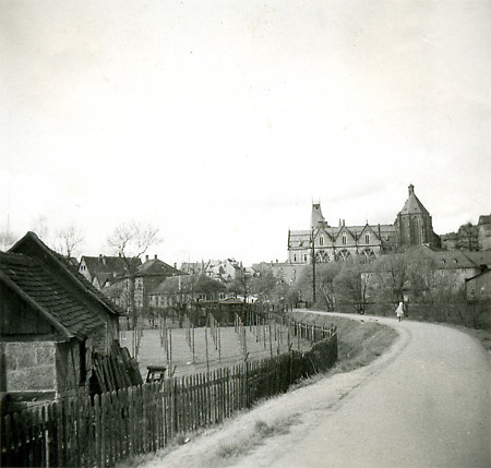 Der Lahnuferweg in Marburg mit der Zootomie, um 1930?
