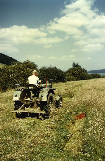 Bauer in Kerspenhausen beim Mähen mit Mähbalken, um 1965