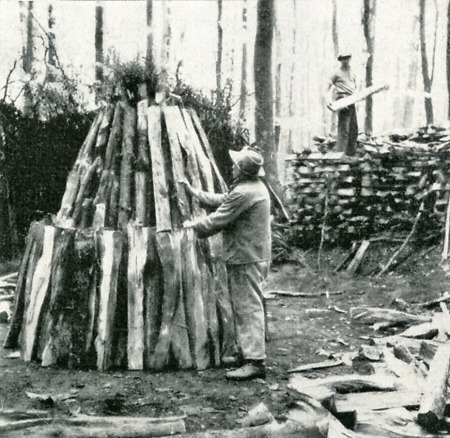 Köhler in Günsterode beim Bauen des Meilers, um 1938