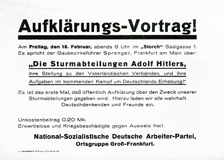 Werbung für einen „Aufklärungs-Vortrag“ zur SA im NSDAP-Hauptquartier Frankfurt, August 1925-März 1927
