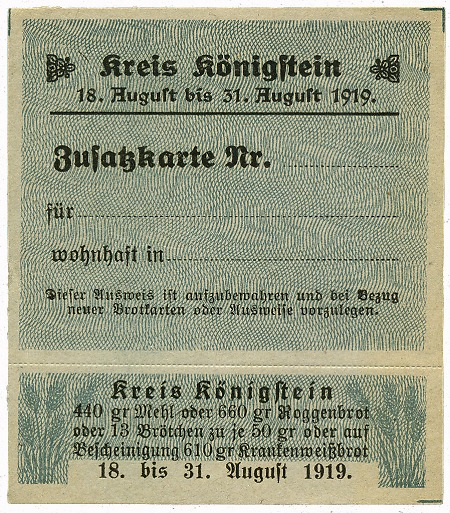 Lebensmittelkarte aus dem Kreis Königstein, August 1919