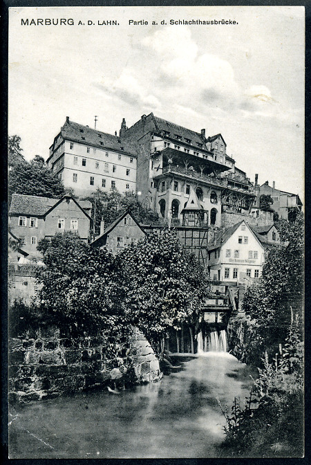 Ansicht des Oberstadt-Cafés Vetter in Marburg mit der Schlachthausbrücke, 1911