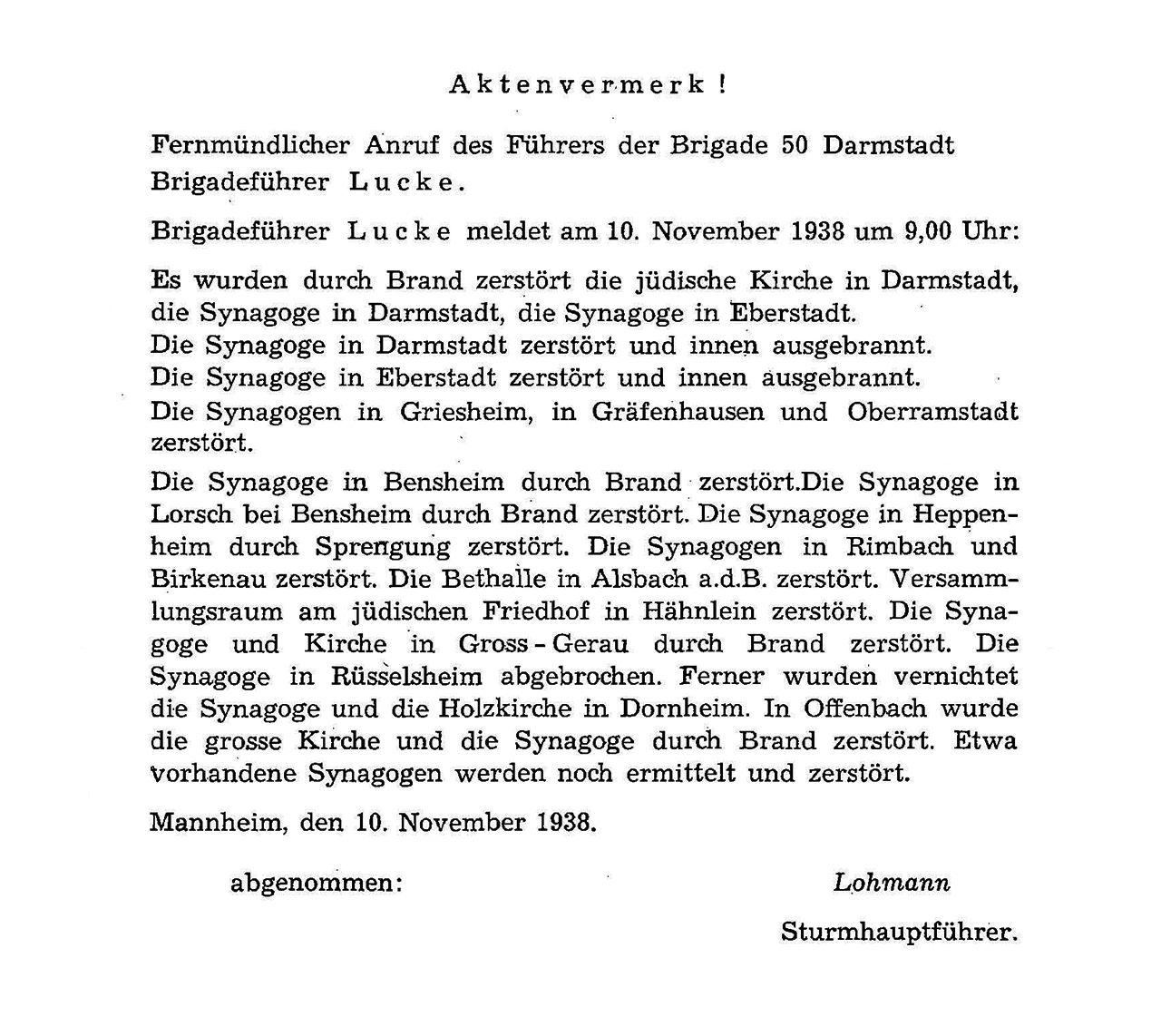 Aktenvermerk über die Zerstörung südhessischer Synagogen am 10. November 1938