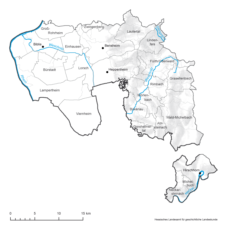 Bergstraße: Karte mit Gemeinde- und Gemarkungsgrenzen