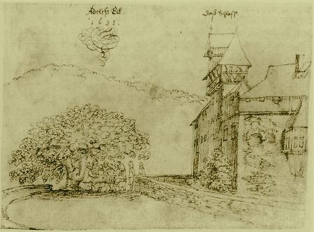 Ansicht Burg Adolfseck; Torturm und Pallas der Burg mit Erker, davor unter einem Lindenbaum eine Tafelgesellschaft, 1631