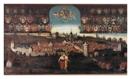 Ansicht von Alsfeld auf der Alsfelder Ratstafel umgeben von Wappen der Ratsherren, 1633