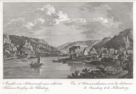 Ansicht von Assmannshausen mit Bauzberg und Falkenburg, 1806