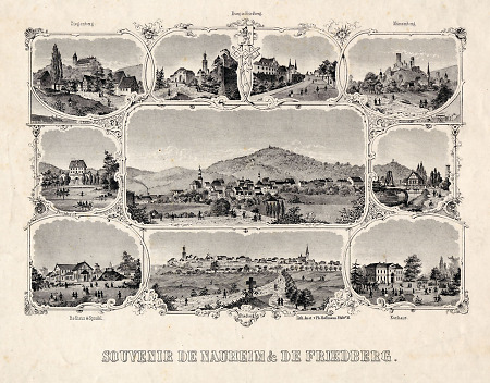 Ansicht von Bad Nauheim mit Detailansichten sowie Ansichten von Langenhain-Ziegenberg, Friedberg und Münzenberg, 2. Hälfte 19. Jahrhundert