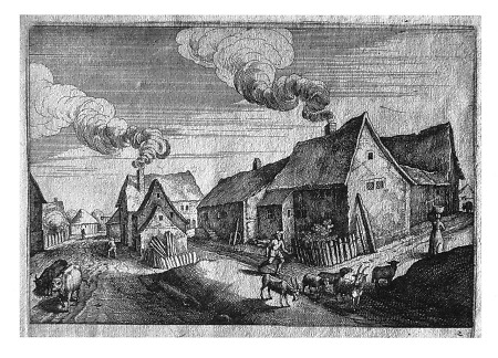 Doppelte Dorfstraße mit zwei rauschenden Bauernhäusern, 1620