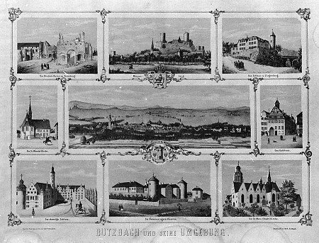 Mehrbildblatt mit Ansichten aus Butzbach und Umgebung, um 1857