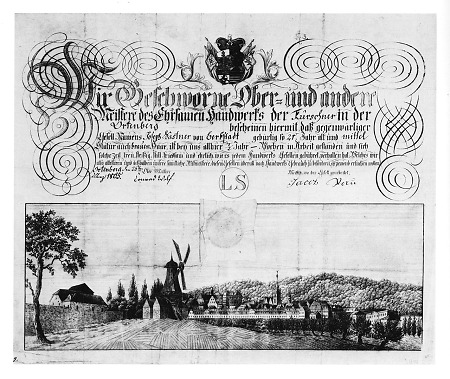 Nordwestansicht Darmstadts auf einer Handwerkskundschaft aus dem Jahr 1805, um 1803