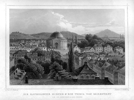 Blick von der Ludwigssäule auf Darmstadt mit Ludwigskirche, 1849