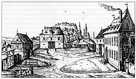 Adelshof Dernbach, dahinter auf einem Hügel die Ruine der ehemaligen Burg Dernbach., 1764