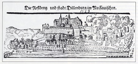 Dillenburg mit Darstellung des Stadtbrandes von 1723., 1724