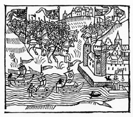 Stadtansicht Frankfurts mit Einzug der Kurfürsten, 1485
