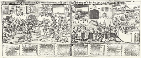 Darstellung der Plüderung der Judengasse und Vertreibung der Juden aus Frankfurt im Zuge des Fettmilch-Aufstandes 1614., nach 1614