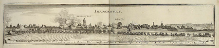 Westansicht der Stadt Frankfurt mit Einzug des Mainzer Kurfürsten zum Wahltag in Frankfurt 1657, 1658