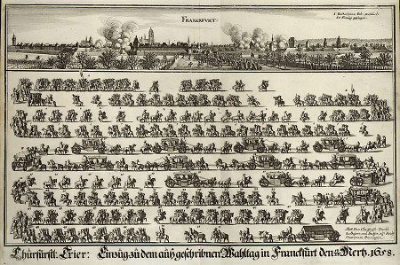Einzug des Kurfürsten von Trier zur Kaiserwahl 1658 mit Westansicht Frankfurts, 1658