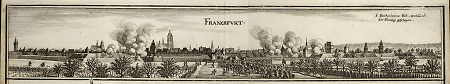 Westansicht Frankfurts mit Einzug des Kurfürsten von Trier zur Kaiserwahl 1658, 1658