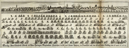 Einzug des Kurfürsten von Köln zur Kaiserwahl 1658 mit Nordwestansicht Frankfurts, 1658