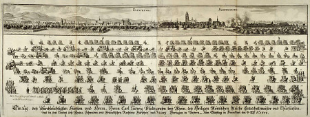 Einzug des Kurfürsten von der Pfalz zur Kaiserwahl 1658 mit Nordwestansicht Frankfurts, 1658