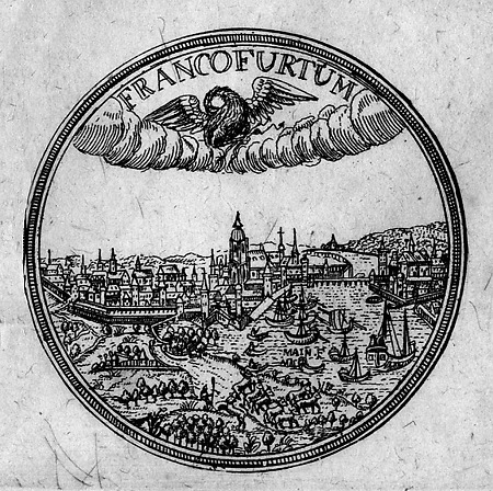Darstellung einer silbernen Gedächtnismünze aus dem Jahr 1696 der Stadtansicht Frankfurt, 1706