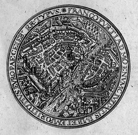 Darstellung einer silbernen Gedächtnismünze aus dem Jahr 1611 mit Ansicht von Frankfurt aus der Vogelperspektive, 1706
