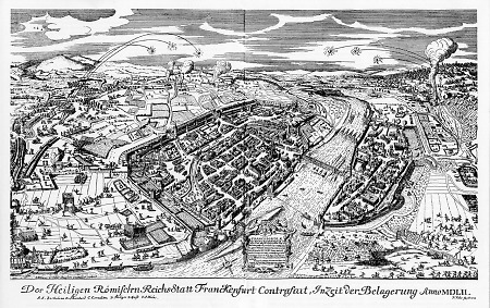 Ansicht der Stadt Frankfurt zur Zeit der Belagerung 1552, 1734