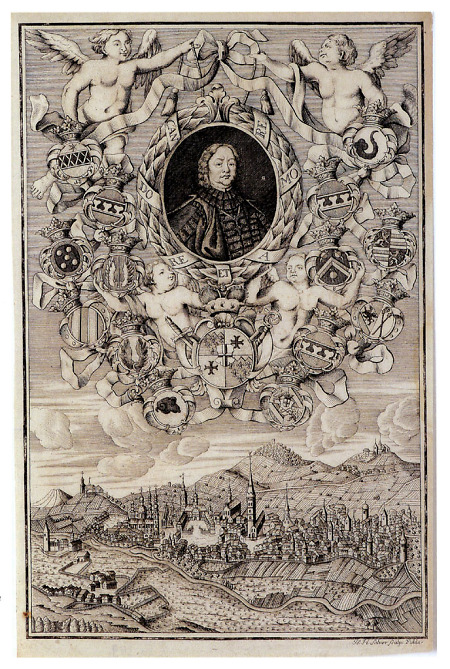 Südwestansicht Fuldas unter Portraitmedaillon des Fürstabtes Adolph von Dalberg, vor 1729