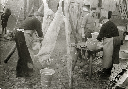Hausmetzger bei der Hausschlachtung in Niederaula, 1960-1969