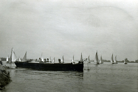 Segelschiffe und Lastkahn auf dem Rhein bei Niederwalluf, 1954
