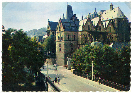 Die Alte Universität und die Weidenhäuser Brücke in Marburg, um, um 1960