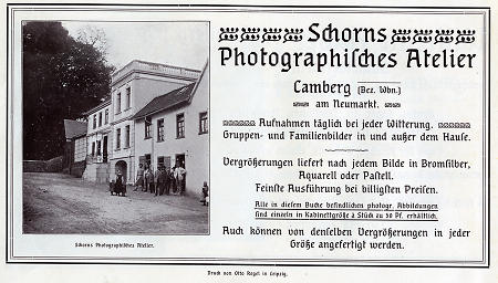 Buchwerbung für Schorns Photographisches Atelier in Camberg, 1910