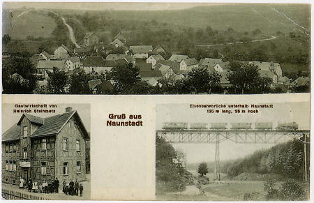 Ansichtskarte von Naunstadt (Taunus) mit der Eisenbahnbrücke, um 1910