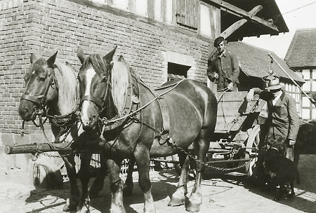 Zwei Männer in einer Hofeinfahrt in Hachborn mit einem Pferdefuhrwerk, um 1930?