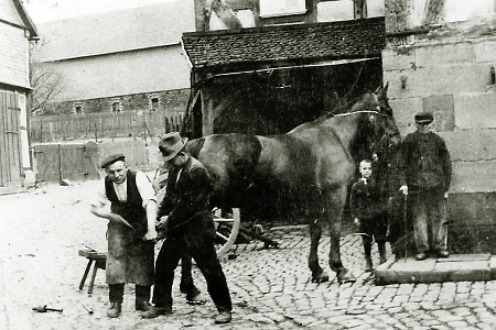 Schmied während des Hufbeschlags, 1920er Jahre