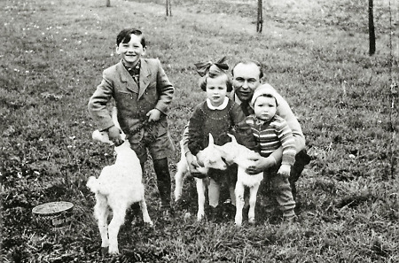 Hachborner Vater mit seinen Kindern beim Spiel mit jungen Ziegen, 1950er Jahre