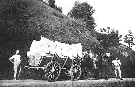 Fuhrwerk mit Getreidesäcken auf dem Weg zur Mühle in Herbornseelbach, um 1930