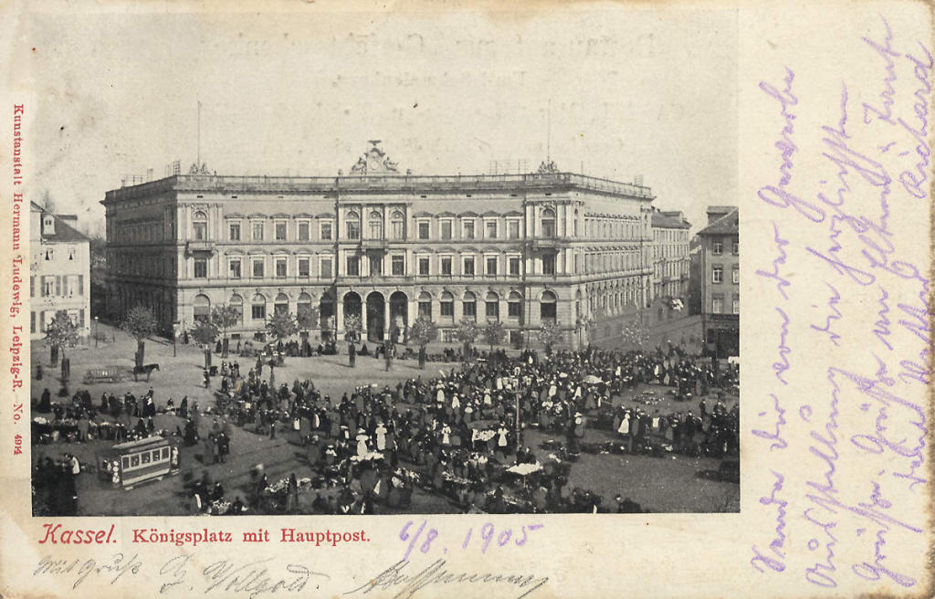 Postkarte des Königsplatzes in Kassel mit Hauptpost, 1905