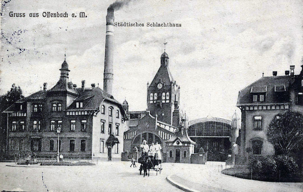 Ansichtskarte mit dem Städtischen Schlachthaus in Offenbach, 1913