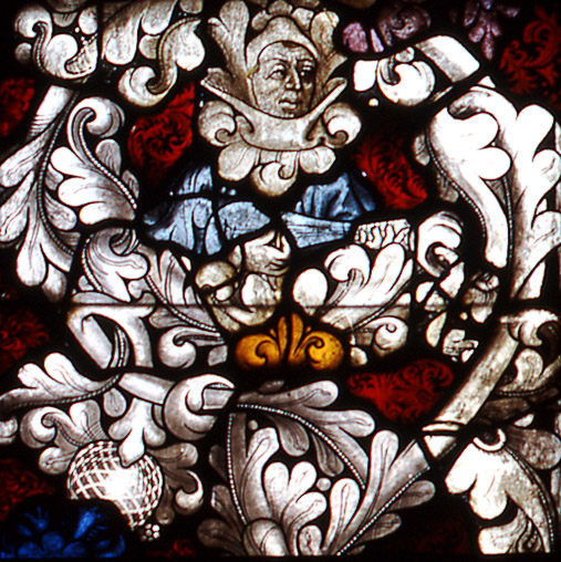 Rankenfenster mit Guiternenspielern. Immenhausen, Stadtkirche, Chor n II, 9/10a/b, 11a, 1A. Westfalen oder Niedersachsen, um 1450. (Ausschnitt)