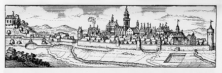 Ansicht der Stadt Alsfeld auf dem Titelblatt der Wahlpredigt des Pfarrers Happel von Alsfeld., 1648