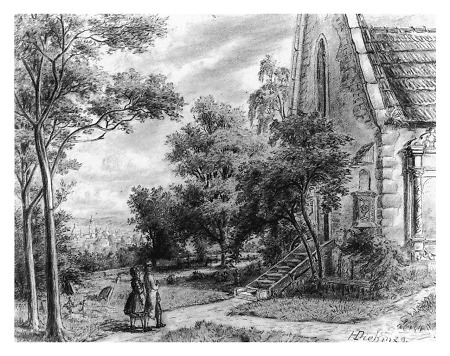 Alte Friedhofskapelle mit Stadtansicht im Hintergrund, 1879