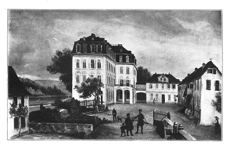 Blick in den Hof von Schloss Assenheim zur Zeit des Grafen Volrat zu Solms-Rödelheim, um 1800