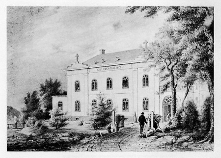 Ansuicht des Paulinen-Hospitals. Erster Bauabschnitt des Landkrankenhauses, 1863