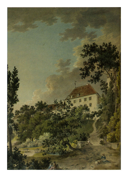 Blick über das Bosquet zum Bibliotheksflügel im Homburger Schlosspark, um 1800