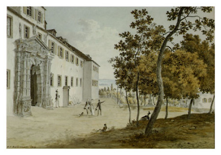 Das Portal im Uhrturmflügel mit Herrngasse, Prinzessinnenhaus und Landgrafendenkmal, 1819