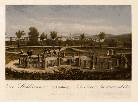 Ansicht des Stahlbrunnens im Kurpark Bad Homburg, um 1850
