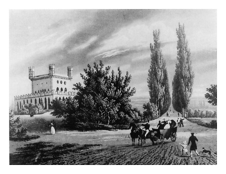Das Gotische Haus und die Tannenwaldallee mit ihrer ursprünglichen Pappelbepflanzung, 1. Hälfte 19. Jahrhundert